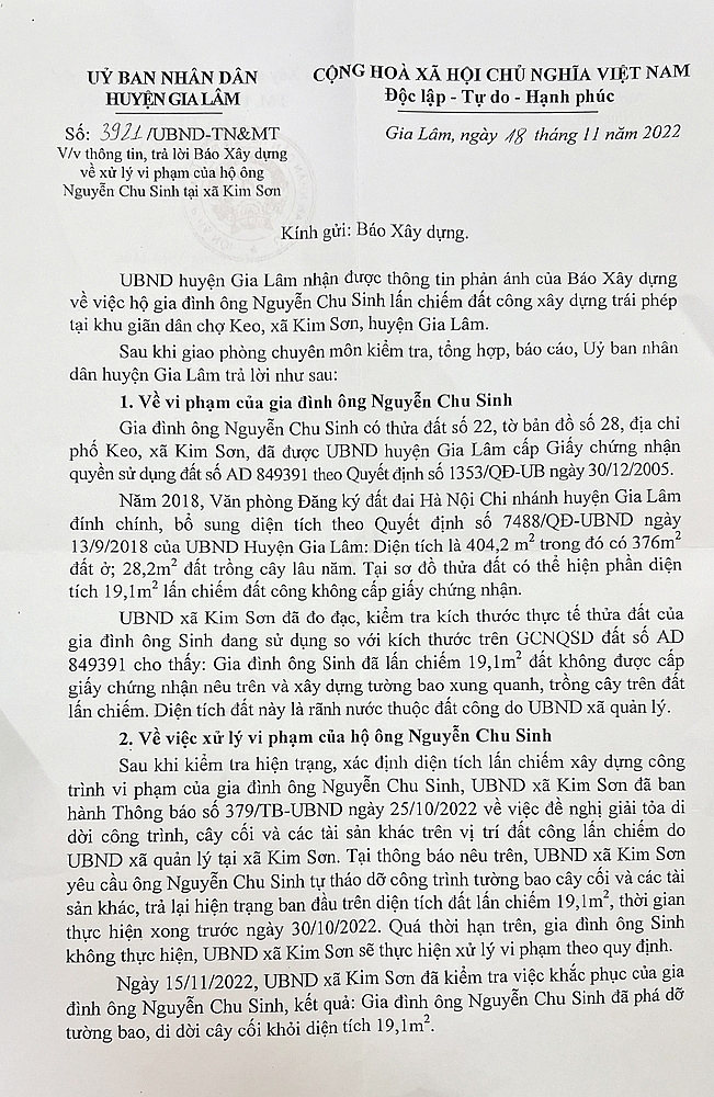 UBND huyện Gia Lâm phản hồi thông tin Báo điện tử Xây dựng phản ánh