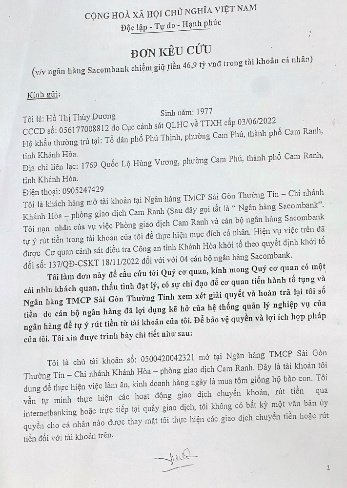 Khánh Hòa: Mất 46,9 tỷ đồng trong tài khoản ngân hàng Sacombank, khách hàng gửi đơn cầu cứu Bộ Công an