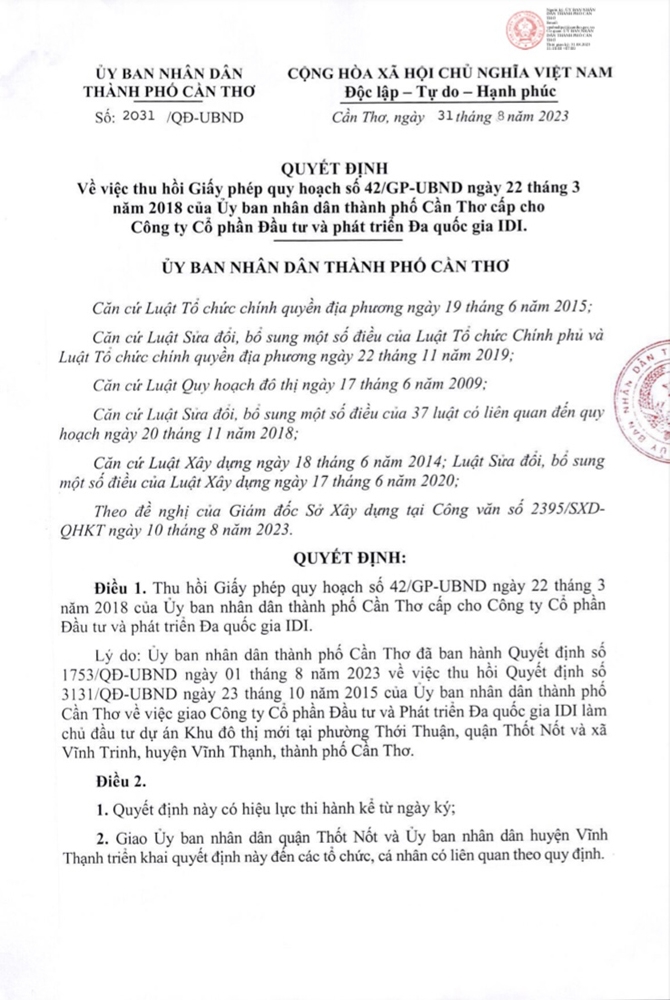 Cần Thơ: Thu hồi giấy phép quy hoạch của Công ty Cổ phần Đầu tư và Phát triển Đa quốc gia IDI