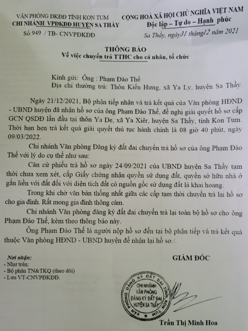 kon tum khong cap giay chung nhan quyen su dung dat cho nhieu nguoi dan vi dat khai hoang