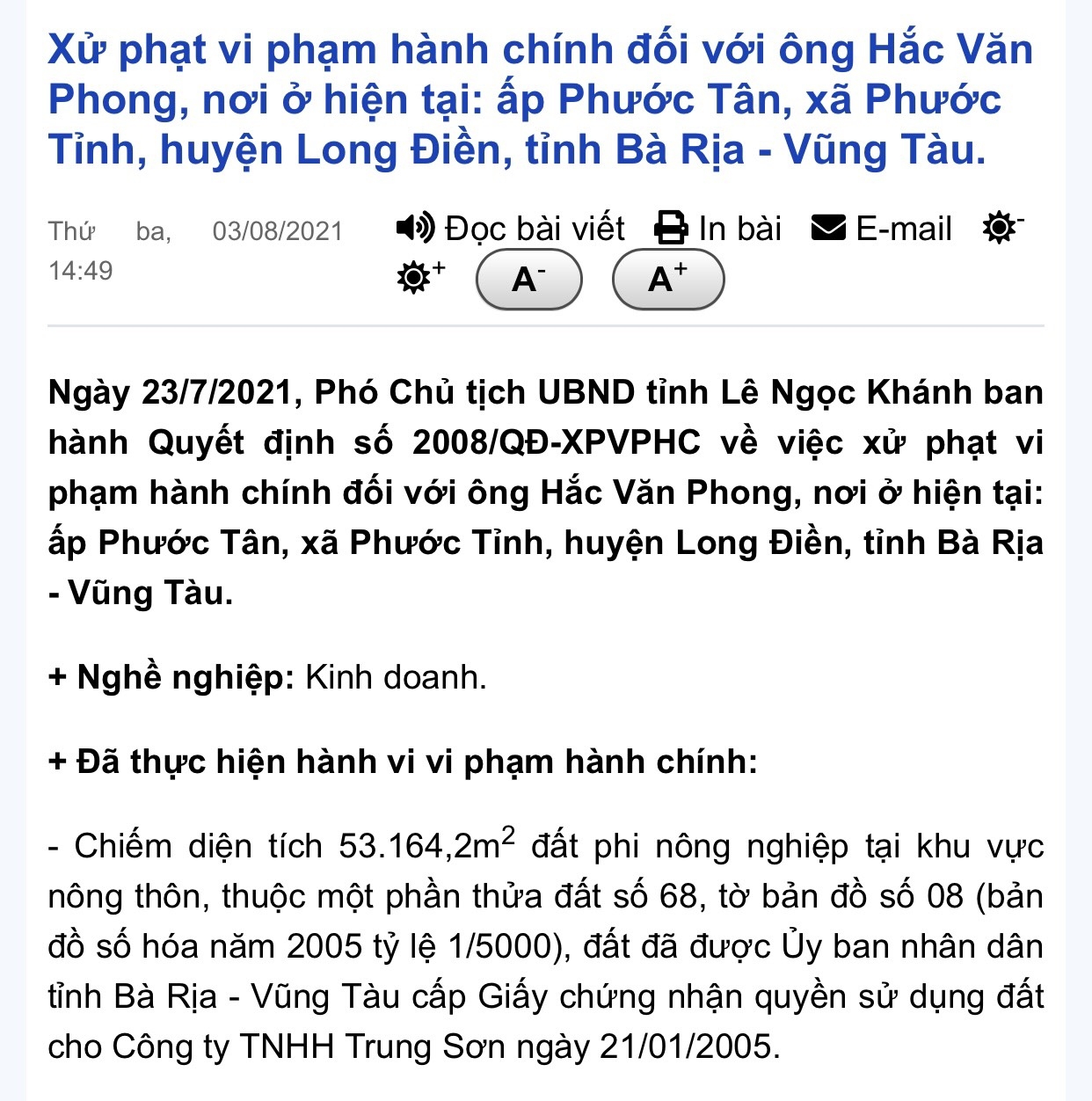 ba ria vung tau xu phat 1 ca nhan 350 trieu dong ve hanh vi chiem dat trai phep