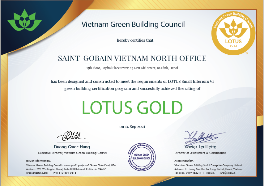 van phong saint gobain viet nam dat chung nhan cong trinh xanh lotus gold