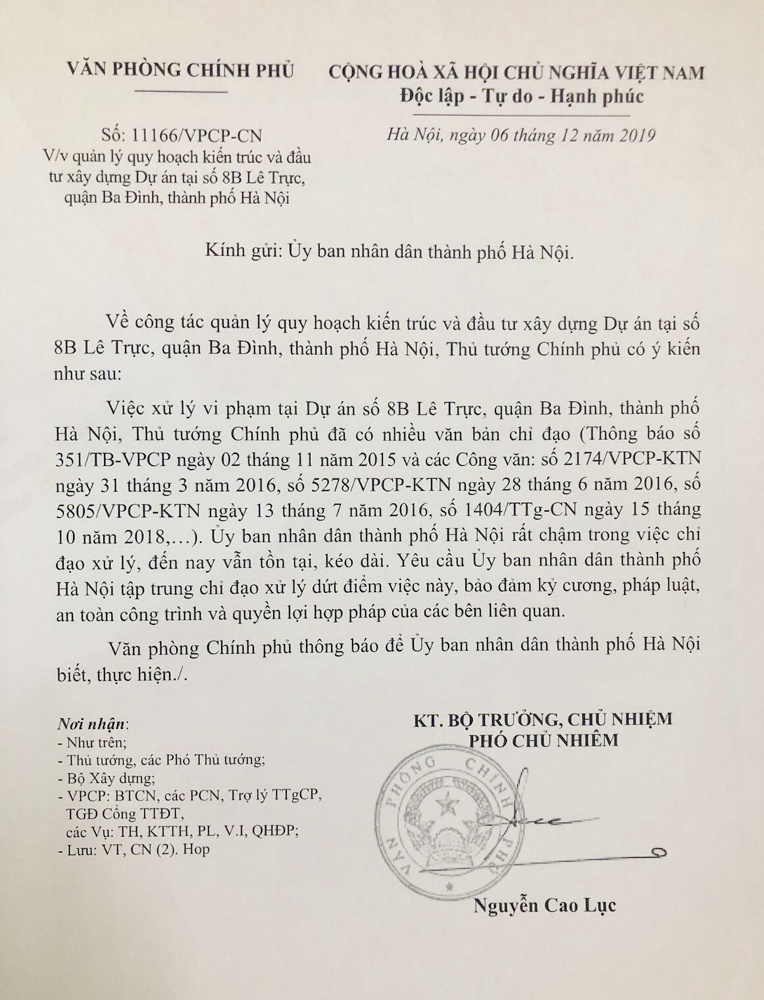 cong trinh 8b le truc ha noi se duoc xu ly ra sao sau chi dao moi cua thu tuong