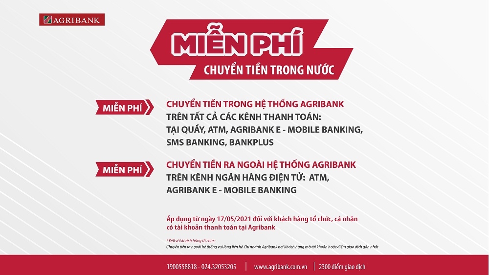 Agribank miễn 100% phí dịch vụ chuyển tiền trong nước