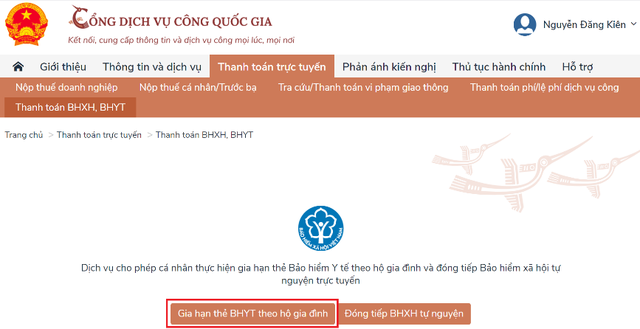 Gia hạn thẻ bảo hiểm y tế hộ gia đình và đóng bảo hiểm xã hội tự nguyện trên Cổng Dịch vụ công Quốc gia