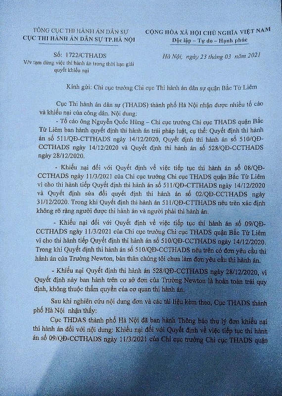 vu tranh chap lo dat xay dung truong hoc o bac tu liem cuc thi hanh an dan su ha noi ra van ban tam dung thi hanh an co dung phap luat