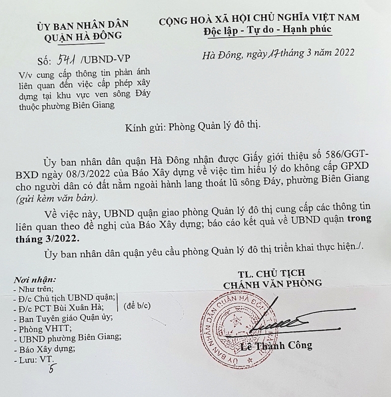 ha dong ha noi can lam ro vi sao khu vuc song day nha duoc cap giay phep xay dung nha thi khong