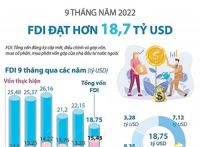 9 tháng năm 2022: Thu hút FDI đạt hơn 18,7 tỷ USD