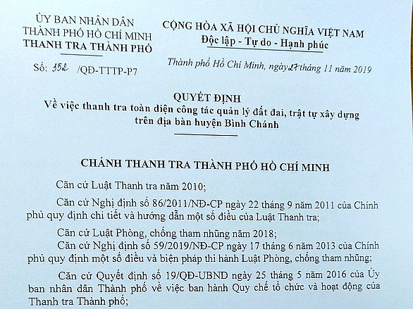 thanh tra toan dien quan ly dat dai xay dung o binh chanh